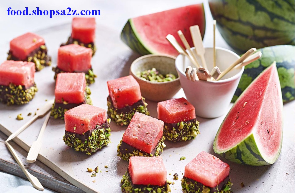Chocolate-dipped watermelon with crushed pistachios recipe