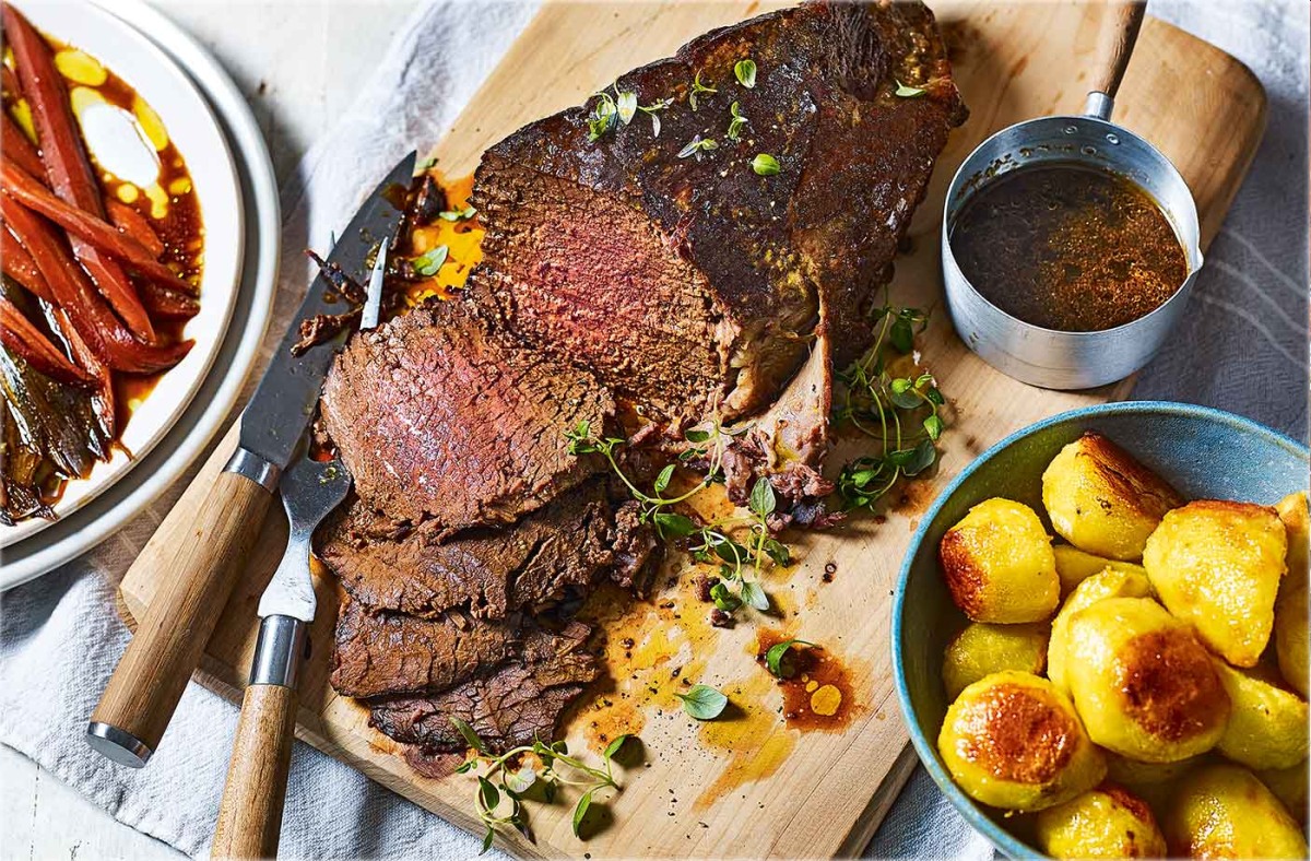 Slow-roasted beef with mustard potatoes recipe